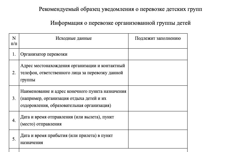 часть образца заявления для перевозки групп, в полной версии вопросов больше